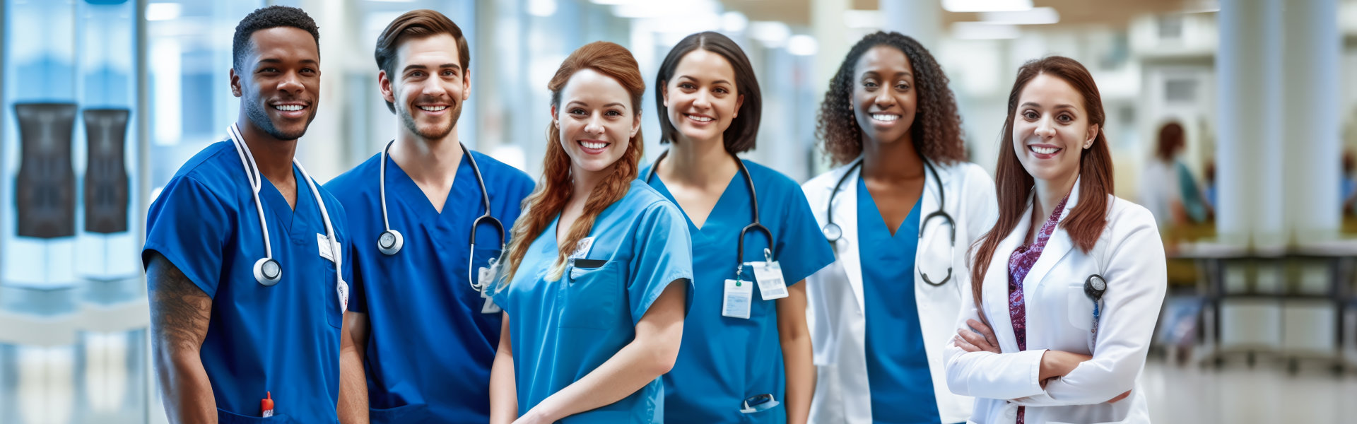A group of six healthcare workers in blue scrubs, standing in a bright Clinic hallway. Doctors Healthcare Professionals in Hospital Corridor A group of six healthcare workers in blue scrubs